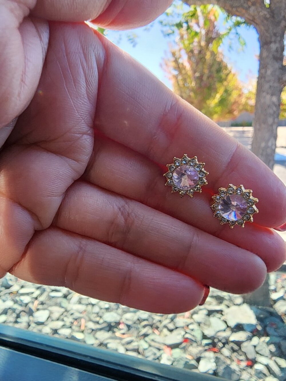 Gold Tone Pink Crystal Halo Stud Earrings and Ring Set -  Stainless Steel - Picture 3 of 6